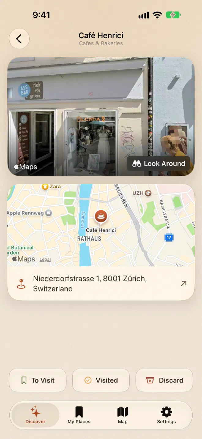 The detail page of a place with a street-level preview