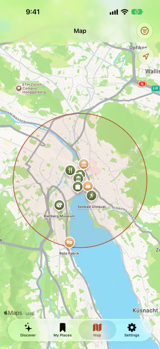 A map of the city with saved places