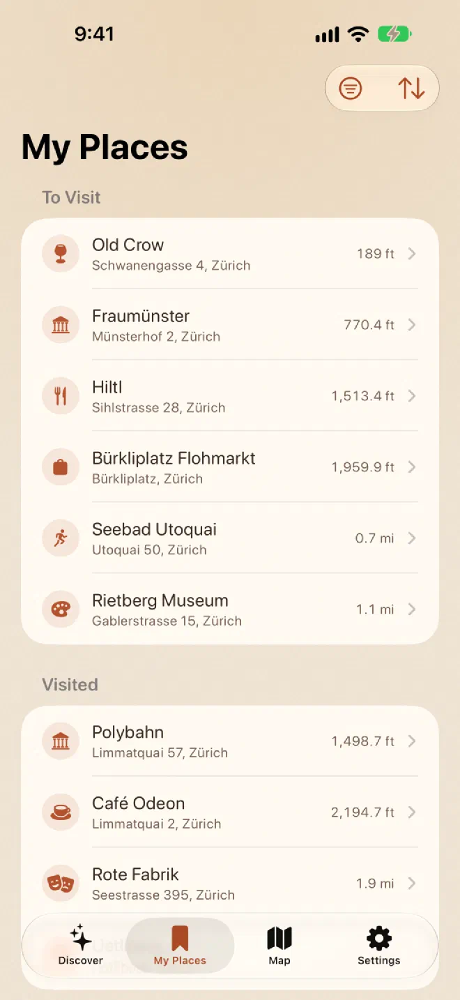 The list of places saved to visit